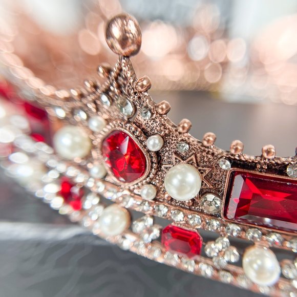 Wedding King Crown, Vintage Red Rhinestone XL Royal Crown, Baroque Crown for Men - Picture 7 of 8